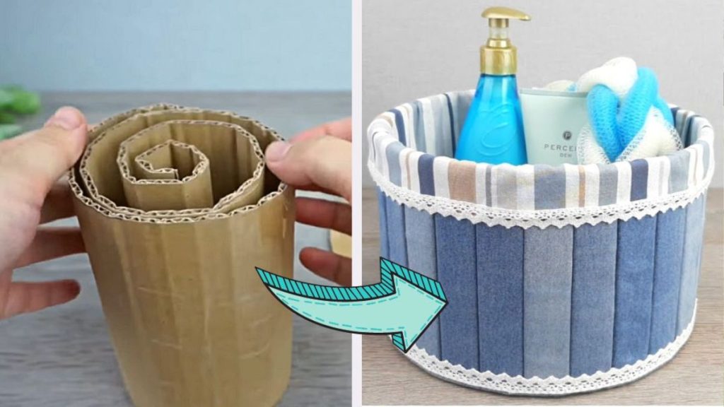 Un panier déco à partir de vieux jeans et de carton